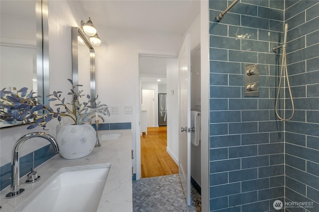 13247 2nd Ave NW, Seattle, WA 98177 - bathroom featuring a tile shower and double vanity