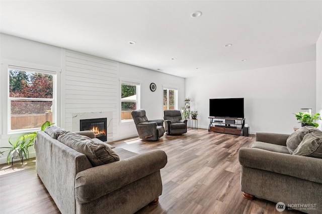 8665 Kimmie Loop SW, Tumwater, WA 98512 - living room featuring a fireplace, wood finished floors, and recessed lighting