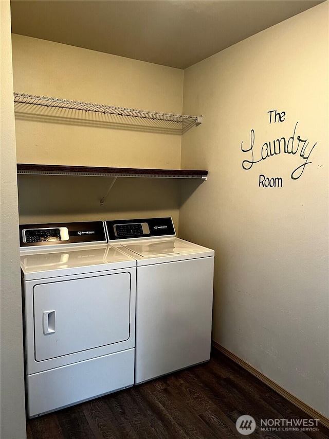 1042 S Lakeland Dr, Moses Lake, WA 98837 - washroom featuring separate washer and dryer and dark wood-style floors