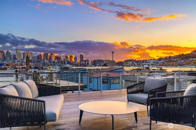 2241 Fairview Ave E Unit B, Seattle, WA 98102 - deck at dusk featuring a view of skyline