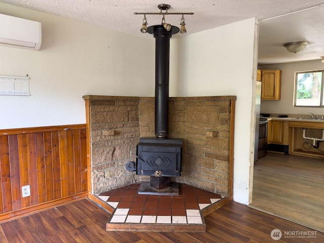 6420 NE Nelson St, Suquamish, WA 98392 - detailed view of a wall unit AC, wood finished floors, a wood stove, wainscoting, and stainless steel range with electric stovetop