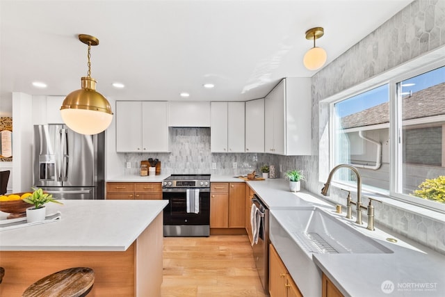 7006 20th Ave NE, Seattle, WA 98115 - kitchen featuring appliances with stainless steel finishes, light wood-style floors, light countertops, hanging light fixtures, and decorative backsplash