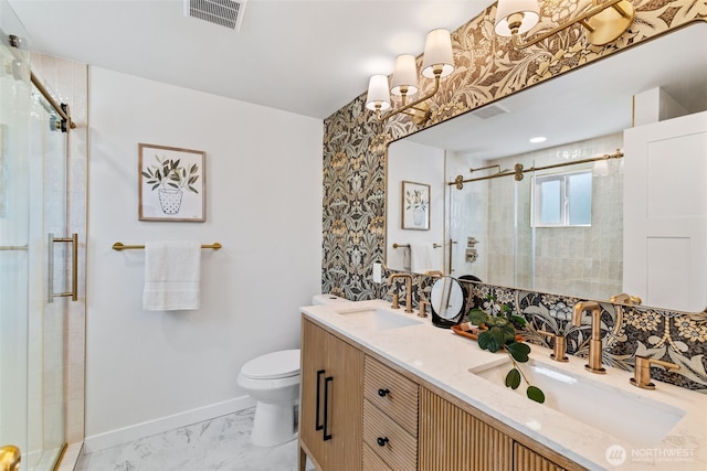 7006 20th Ave NE, Seattle, WA 98115 - bathroom featuring a stall shower, double vanity, and marble look tile flooring