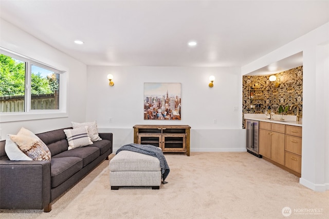 7006 20th Ave NE, Seattle, WA 98115 - living area with bar with sink, wine cooler, light carpet, and recessed lighting
