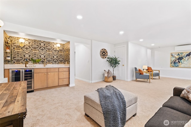 7006 20th Ave NE, Seattle, WA 98115 - living room featuring wine cooler, a dry bar, a wall mounted AC, light colored carpet, and recessed lighting