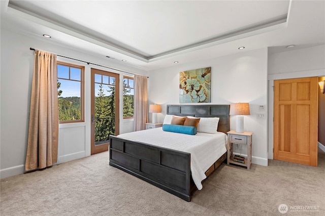 6730 Forest Ridge Dr, Wenatchee, WA 98801 - bedroom with access to exterior, carpet flooring, recessed lighting, and a raised ceiling