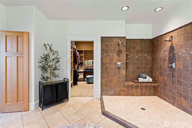 6730 Forest Ridge Dr, Wenatchee, WA 98801 - bathroom with walk in shower, tile patterned flooring, a spacious closet, and recessed lighting