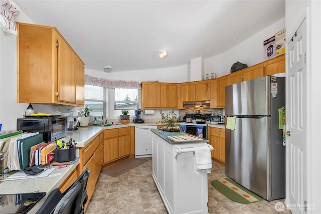 523 N 7th Ave, Sequim, WA 98382 - kitchen featuring freestanding refrigerator, white dishwasher, black range with electric stovetop, under cabinet range hood, and light countertops