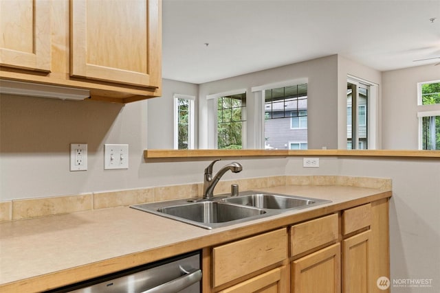 15325 SE 155th Pl Unit N-2, Renton, WA 98058 - kitchen featuring light countertops, stainless steel dishwasher, and light brown cabinetry