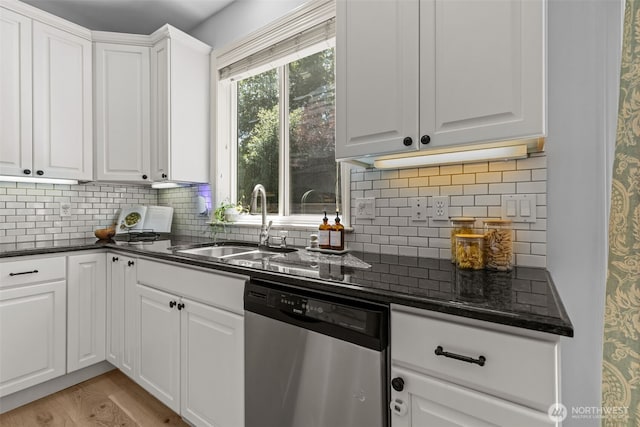 8122 NE 189th Pl, Kenmore, WA 98028 - kitchen with stainless steel dishwasher, white cabinets, decorative backsplash, and light wood-type flooring