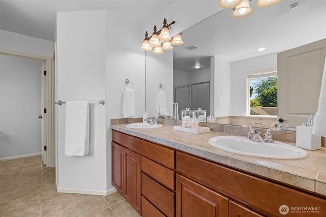8122 NE 189th Pl, Kenmore, WA 98028 - bathroom with double vanity, tile patterned flooring, and a shower with door
