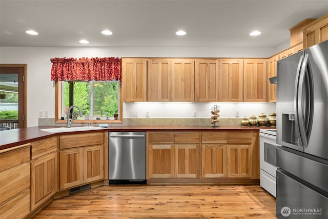 25901 NE 412th Cir, Amboy, WA 98601 - kitchen with stainless steel appliances, recessed lighting, light wood-style floors, and dark countertops