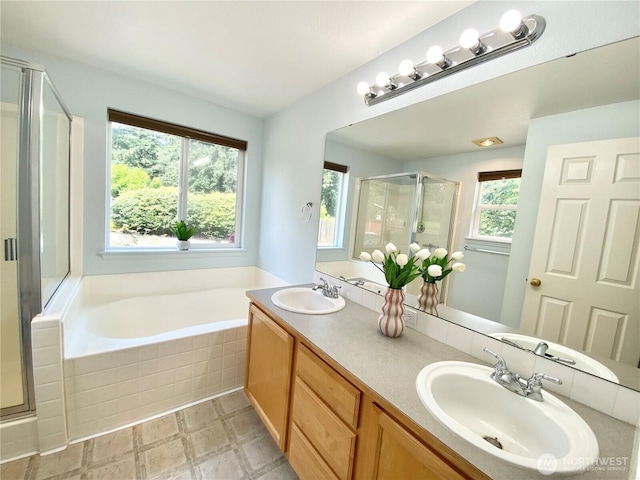 2218 143rd Street Ct S, Spanaway, WA 98387 - full bath with a stall shower, a garden tub, double vanity, and tile patterned floors