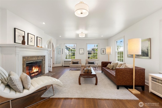 817 E Shelby St, Seattle, WA 98102 - living room featuring a fireplace, wood finished floors, radiator heating unit, recessed lighting, and heating unit