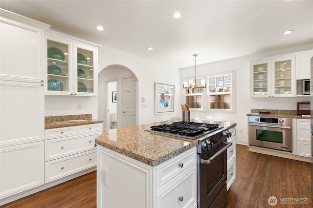 817 E Shelby St, Seattle, WA 98102 - kitchen featuring stainless steel appliances, arched walkways, dark wood-type flooring, light stone countertops, and white cabinets