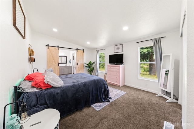 32205 71st Ave S, Roy, WA 98580 - bedroom featuring a barn door, carpet flooring, recessed lighting, lofted ceiling, and ensuite bathroom