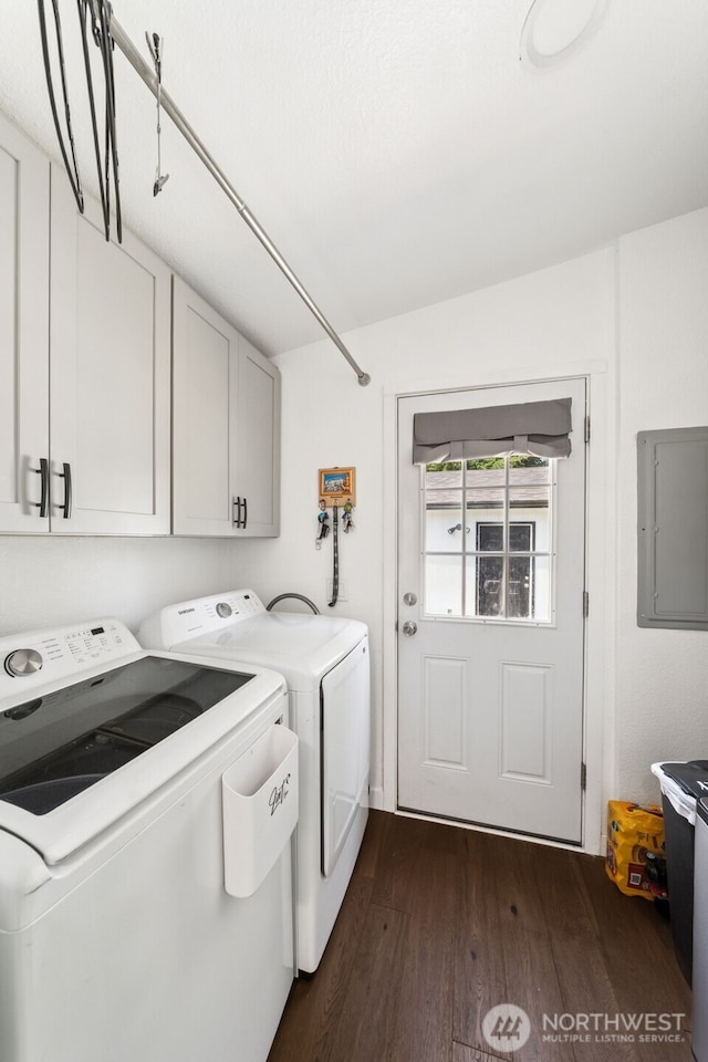 32205 71st Ave S, Roy, WA 98580 - washroom featuring electric panel, cabinet space, separate washer and dryer, and dark wood finished floors