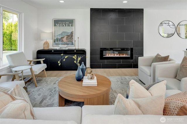 320 178th Pl SW, Bothell, WA 98012 - living room featuring wood finished floors, a fireplace, and recessed lighting