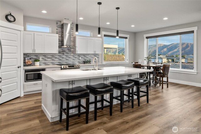 101 Wren Loop SW, Mattawa, WA 99349 - kitchen with wall chimney range hood, appliances with stainless steel finishes, light countertops, a kitchen breakfast bar, and backsplash
