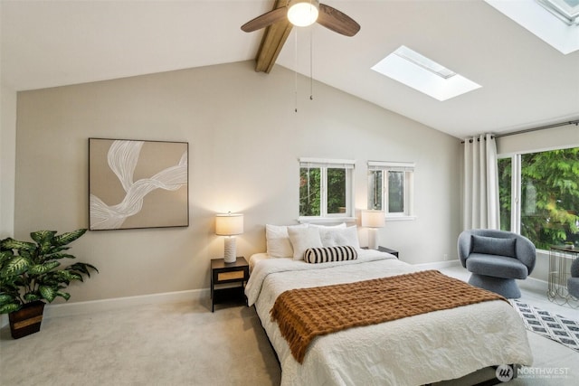 5467 16th Ave SW, Seattle, WA 98106 - carpeted bedroom with a skylight, beam ceiling, a ceiling fan, and high vaulted ceiling