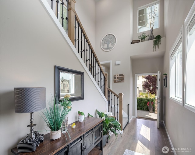 1448 101st Ave SE, Lake Stevens, WA 98258 - entrance foyer with light wood-style flooring, stairway, and a high ceiling