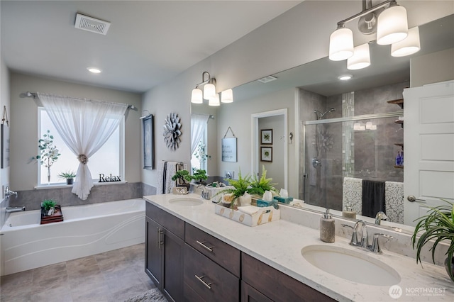 1448 101st Ave SE, Lake Stevens, WA 98258 - full bath with a shower stall, double vanity, a garden tub, and recessed lighting