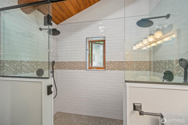 3130 S Bay Vista Dr, Sedro Woolley, WA 98284 - bathroom featuring vaulted ceiling, walk in shower, and wooden ceiling