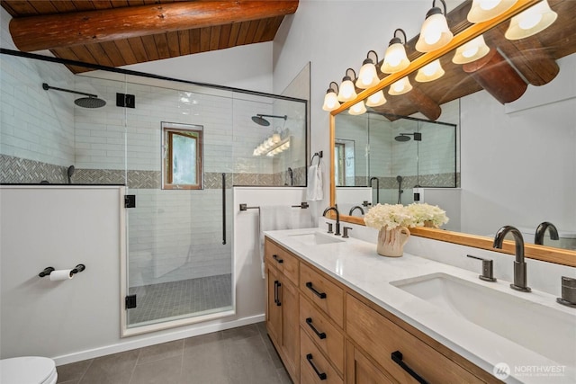 3130 S Bay Vista Dr, Sedro Woolley, WA 98284 - bathroom featuring tile patterned floors, a wooden ceiling with exposed beams, double vanity, and a shower stall