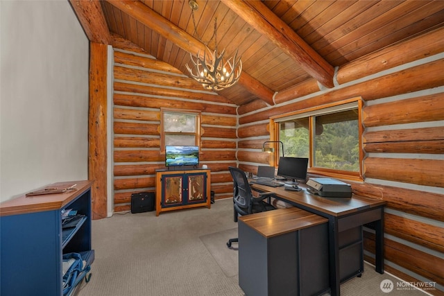 3130 S Bay Vista Dr, Sedro Woolley, WA 98284 - home office with wooden ceiling, a chandelier, log walls, and carpet