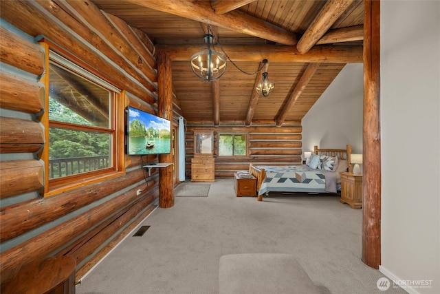 3130 S Bay Vista Dr, Sedro Woolley, WA 98284 - carpeted bedroom with a wood ceiling with exposed beams, rustic walls, and a chandelier