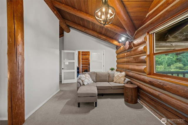 3130 S Bay Vista Dr, Sedro Woolley, WA 98284 - sitting room featuring log walls, wood ceiling, carpet, and a chandelier