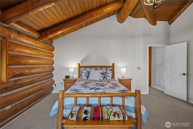 3130 S Bay Vista Dr, Sedro Woolley, WA 98284 - bedroom featuring wooden ceiling, carpet flooring, and log walls