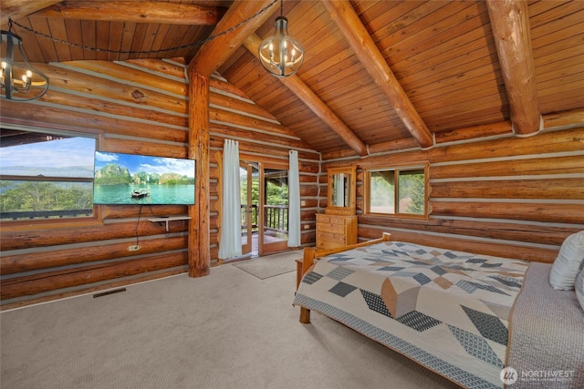 3130 S Bay Vista Dr, Sedro Woolley, WA 98284 - bedroom featuring wooden ceiling, log walls, access to outside, and carpet floors