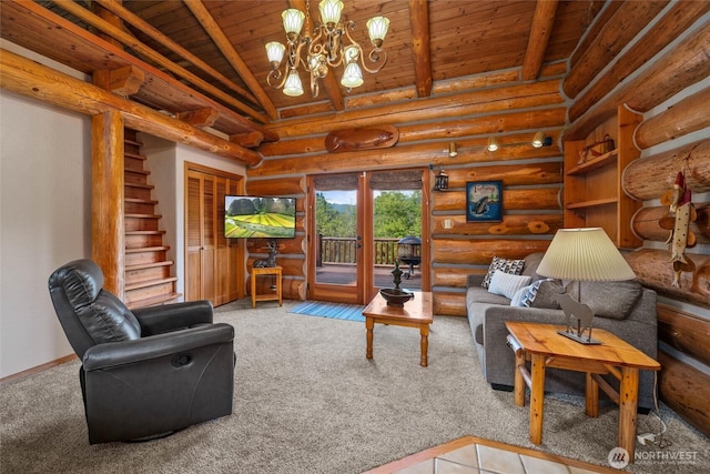 3130 S Bay Vista Dr, Sedro Woolley, WA 98284 - living area featuring carpet floors, wood ceiling, a chandelier, and log walls