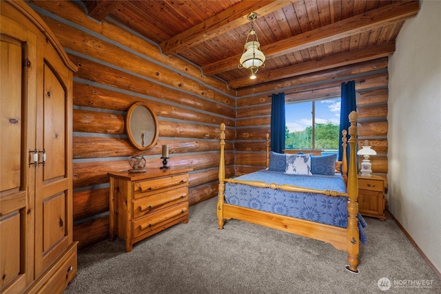 3130 S Bay Vista Dr, Sedro Woolley, WA 98284 - carpeted bedroom featuring a wood ceiling with exposed beams and log walls