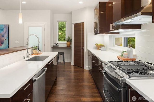 1408 Hinoki Walk NE, Issaquah, WA 98029 - kitchen with appliances with stainless steel finishes, ventilation hood, modern cabinets, dark wood-type flooring, and recessed lighting