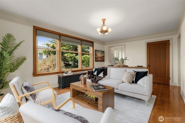 405 Prospect St Unit 201, Seattle, WA 98109 - living area with radiator, a chandelier, wood finished floors, and ornamental molding
