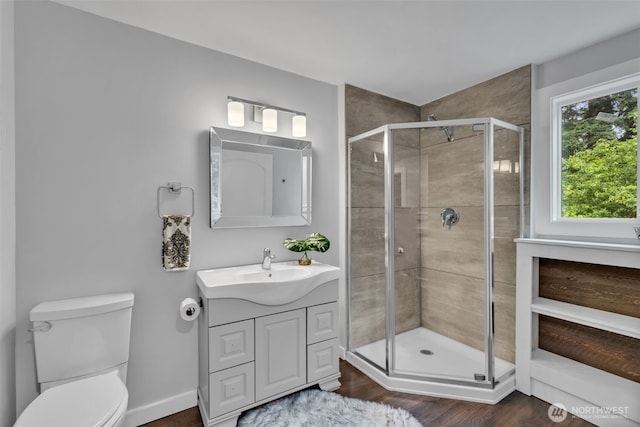 10656 SE 287th St, Auburn, WA 98092 - full bathroom featuring vanity, a shower stall, and wood finished floors