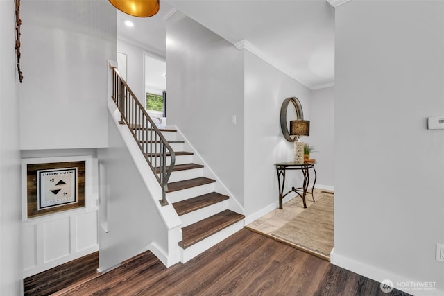 10656 SE 287th St, Auburn, WA 98092 - stairway with crown molding, wood finished floors, and recessed lighting