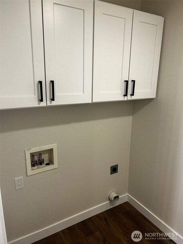 2011 85th Street Ct E, Tacoma, WA 98445 - laundry area featuring hookup for an electric dryer, cabinet space, hookup for a washing machine, and dark wood-type flooring
