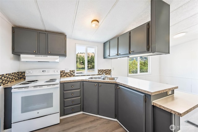 138 Trestle View Ln, Dryden, WA 98821 - kitchen with white range with electric cooktop, under cabinet range hood, gray cabinetry, a peninsula, and tasteful backsplash