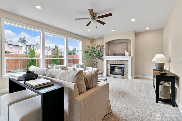 9225 225th Ave E, Buckley, WA 98321 - carpeted living room featuring ceiling fan, a fireplace, and recessed lighting