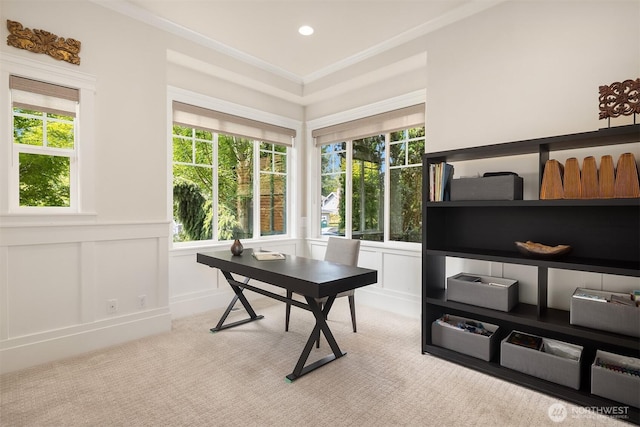 11050 SE 30th St, Bellevue, WA 98004 - home office with carpet floors, crown molding, a wainscoted wall, a decorative wall, and recessed lighting