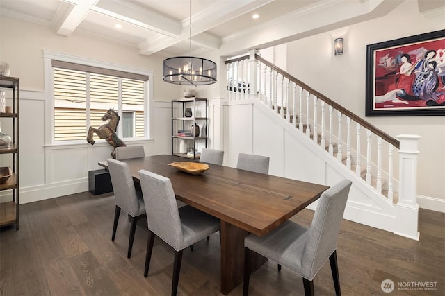 11050 SE 30th St, Bellevue, WA 98004 - dining room featuring a decorative wall, a chandelier, beamed ceiling, dark wood-style flooring, and stairs