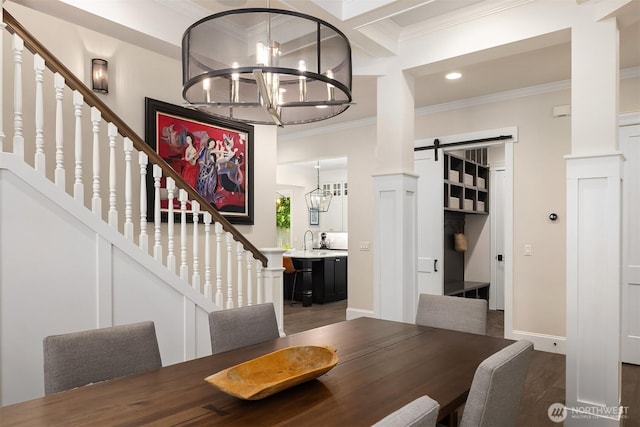11050 SE 30th St, Bellevue, WA 98004 - dining room with a chandelier, a barn door, crown molding, recessed lighting, and coffered ceiling