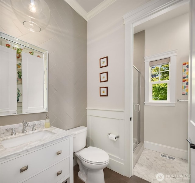 11050 SE 30th St, Bellevue, WA 98004 - full bathroom featuring vanity, ornamental molding, a stall shower, and tile patterned floors