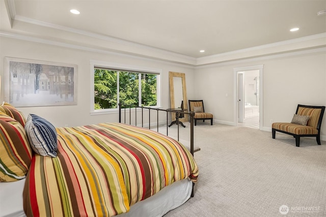 11050 SE 30th St, Bellevue, WA 98004 - bedroom with a tray ceiling, ornamental molding, carpet floors, recessed lighting, and connected bathroom