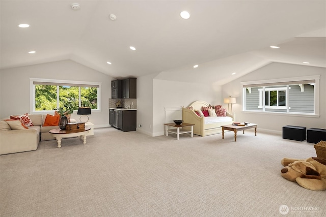 11050 SE 30th St, Bellevue, WA 98004 - living room with lofted ceiling, light colored carpet, and recessed lighting