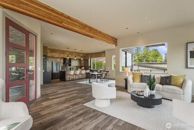 5009 Ocean Ave, Everett, WA 98203 - living room with dark wood-style flooring, beam ceiling, and recessed lighting