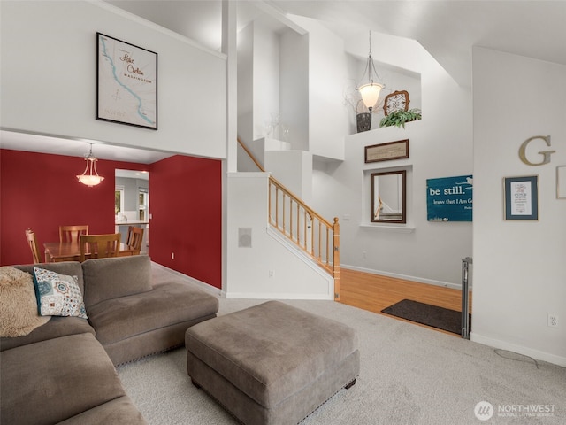 9114 80th Ave SW, Lakewood, WA 98498 - carpeted living area with high vaulted ceiling and stairway